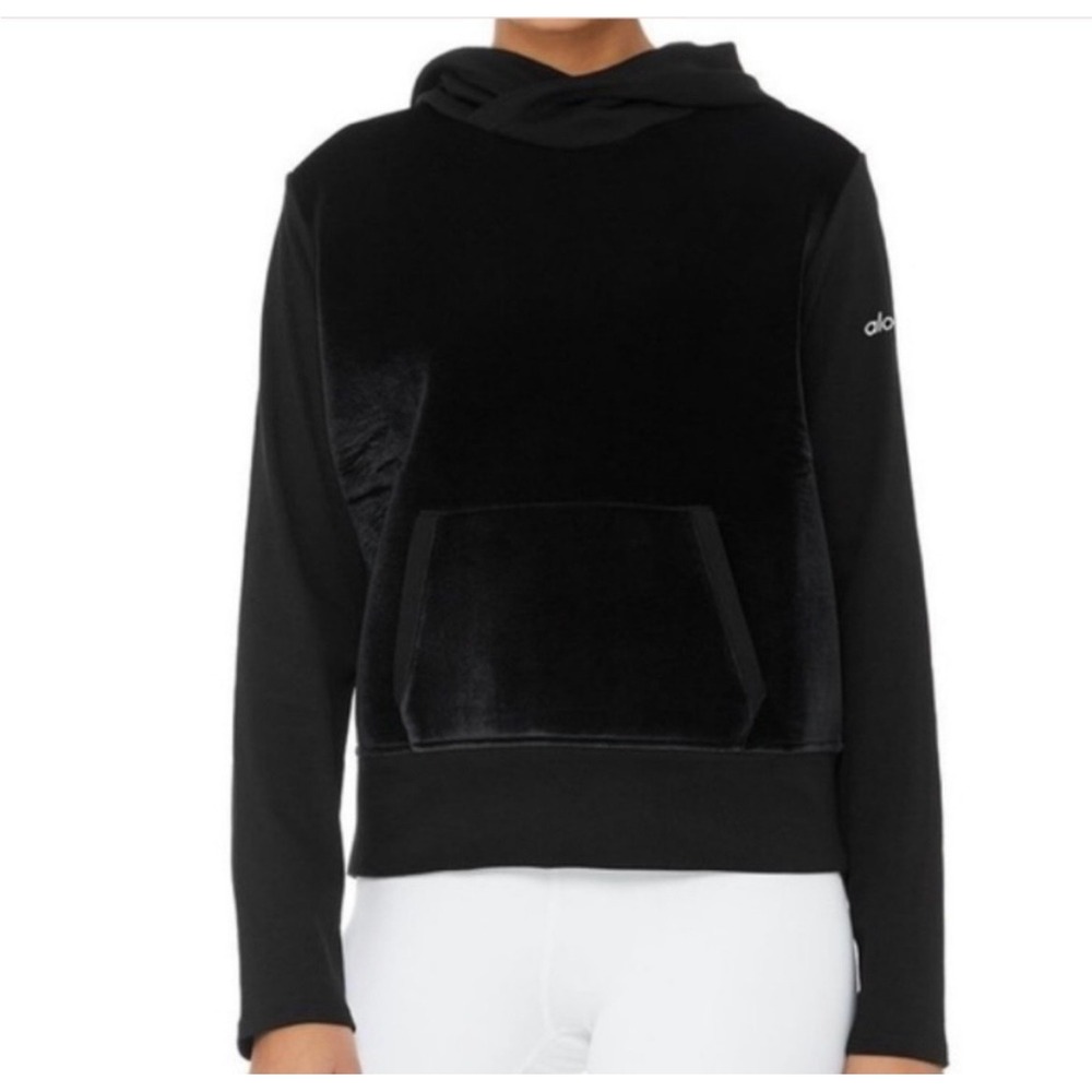 NWOT Alo Yoga Black Velvet Front‎ Hoodie Sweatshirt Women's Size L